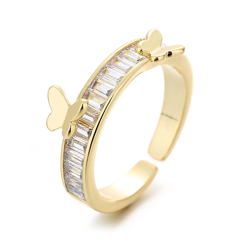 Wholesale Custom Unique Cheap Brass Gold Plated Rings Korean butterfly Zircin Beads Inlay Show Ring for Woman