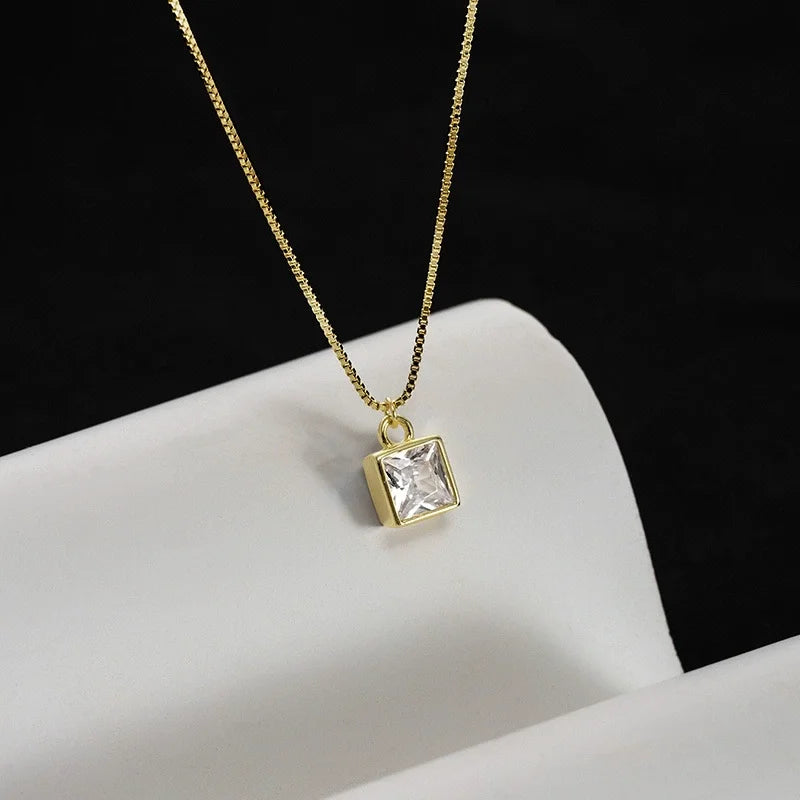 Simple Design Radiant Cut Minimal Silver 925 square Zircon Single Stone Necklace