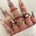 12pcs/set Wholesale Acetate Ring Set Chain Flower Snake Cloud Vintage Geometric Finger Ring Set Adjustable Ring for Women