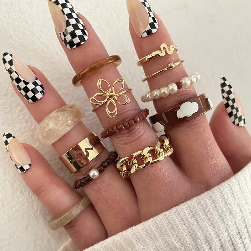 12pcs/set Wholesale Acetate Ring Set Chain Flower Snake Cloud Vintage Geometric Finger Ring Set Adjustable Ring for Women