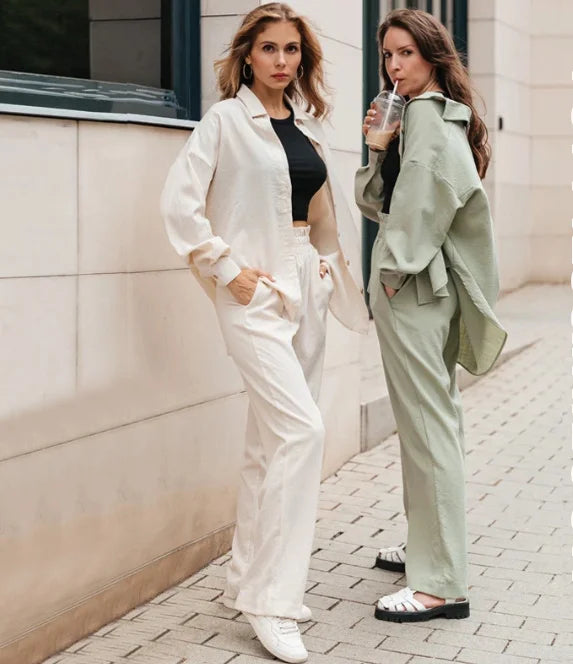 Women's Two Piece Casual Shirts Office Ladies Long Sleeve Tops Chic Elastic Waist Summer Trousers Trousers