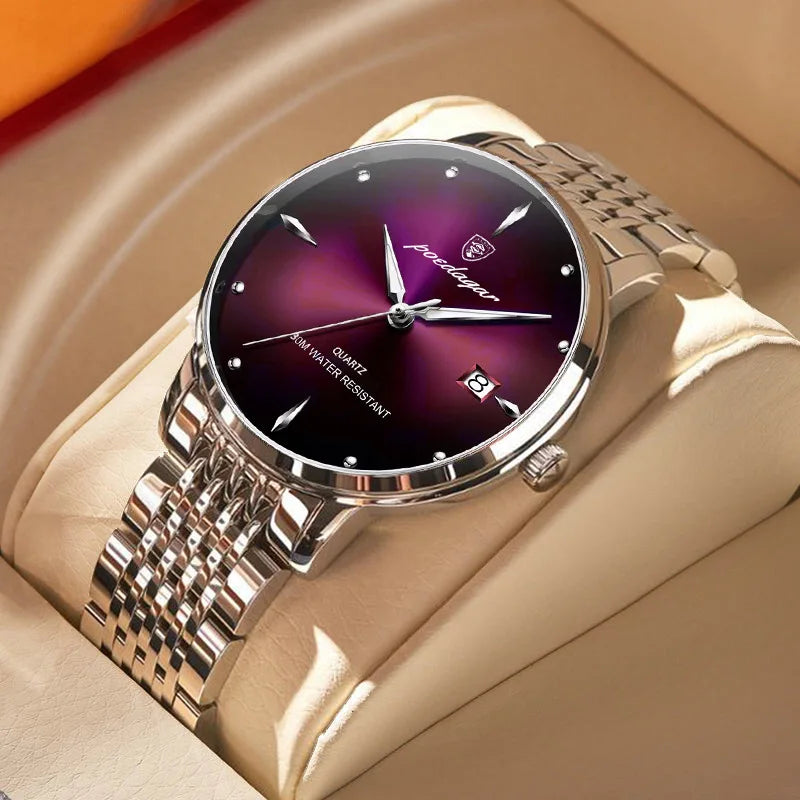 POEDAGAR Men Watch Luxury Waterproof Date Week Stainless Steel Mens Quartz Watches for Men Business Relogio Masculino