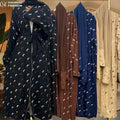 2002# Ramadan New Crepe 2 Pieces Abaya Set Gold Border Pretty Moon Embroidery With Pockets Women Cardigan With Hijab 4 Colors
