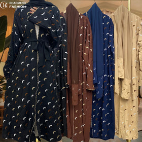 2002# Ramadan New Crepe 2 Pieces Abaya Set Gold Border Pretty Moon Embroidery With Pockets Women Cardigan With Hijab 4 Colors