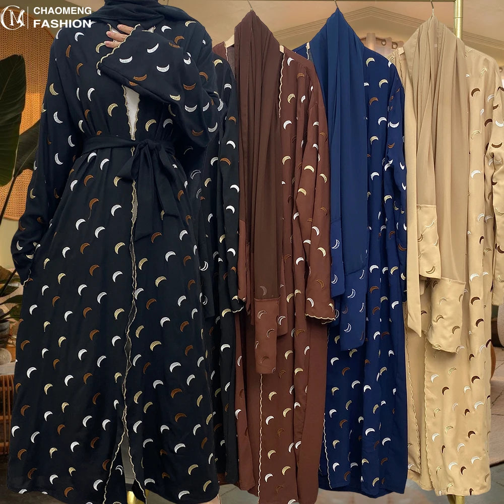 2002# Ramadan New Crepe 2 Pieces Abaya Set Gold Border Pretty Moon Embroidery With Pockets Women Cardigan With Hijab 4 Colors
