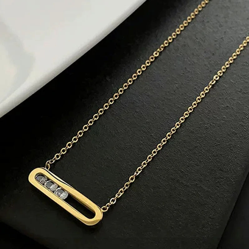 Stainless Steel Gold Plated Women's Fashion Party Gift Jewelry Oval Geometric Frame Zircon Pendant Necklace