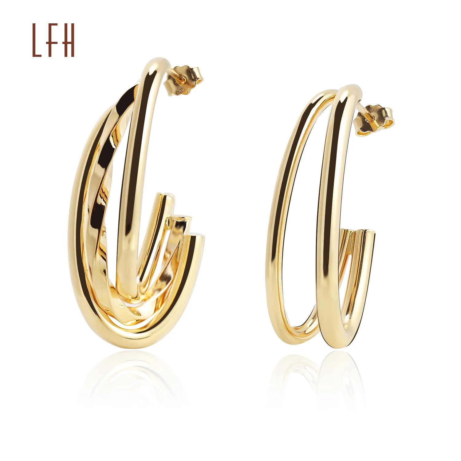 C Shaped Round Hoop Earrings Geometric Triple Circle Hoop Earrings Double Layers Hollow Geometric Round 18K Gold Real Earring