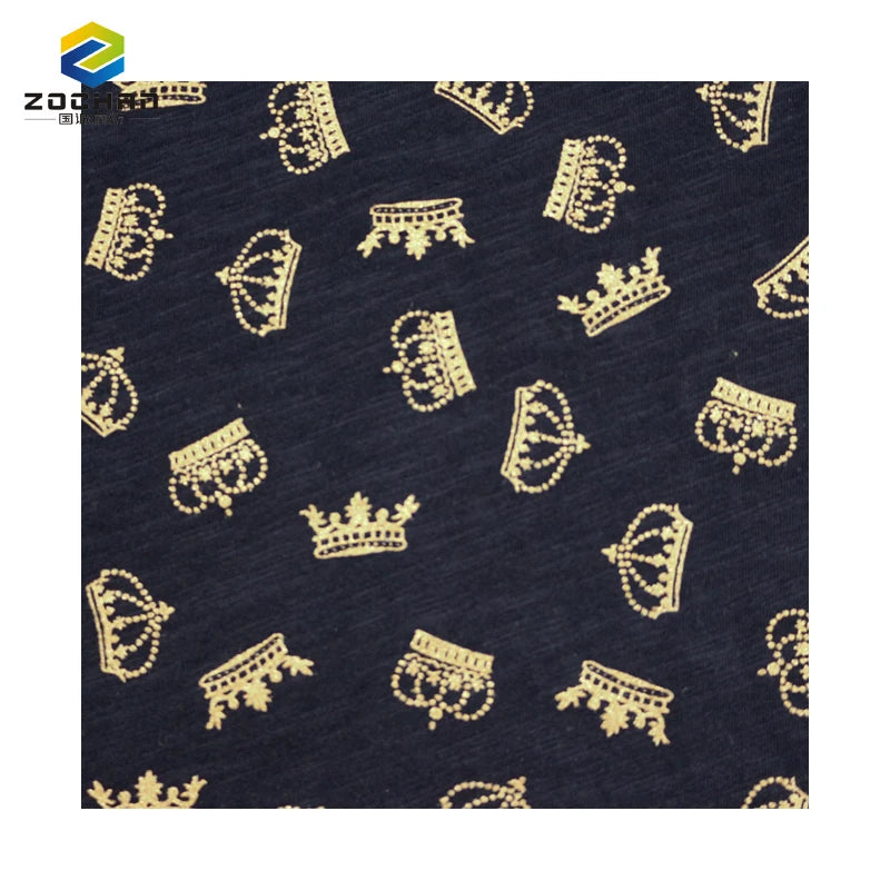 Hot Selling 135gsm 100% Cotton Slub Foil Printed Jersey Crown Pattern Knitted Fabric for Garment
