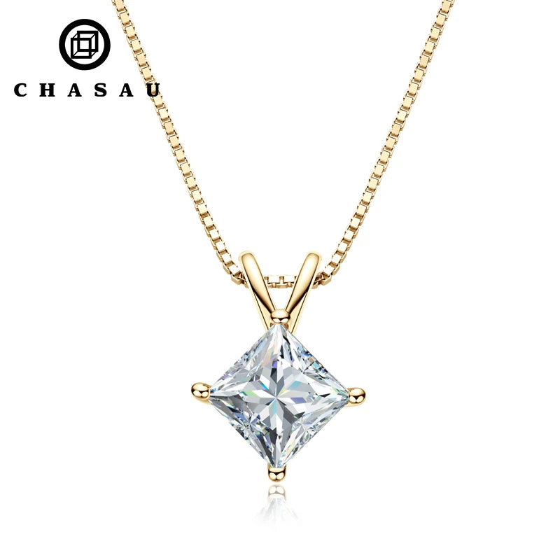 925 Sterling Silver 2ct 7mm CZ Cubic Necklace Zirconia Pendant Four Claws Princess Cut Pendant Necklace