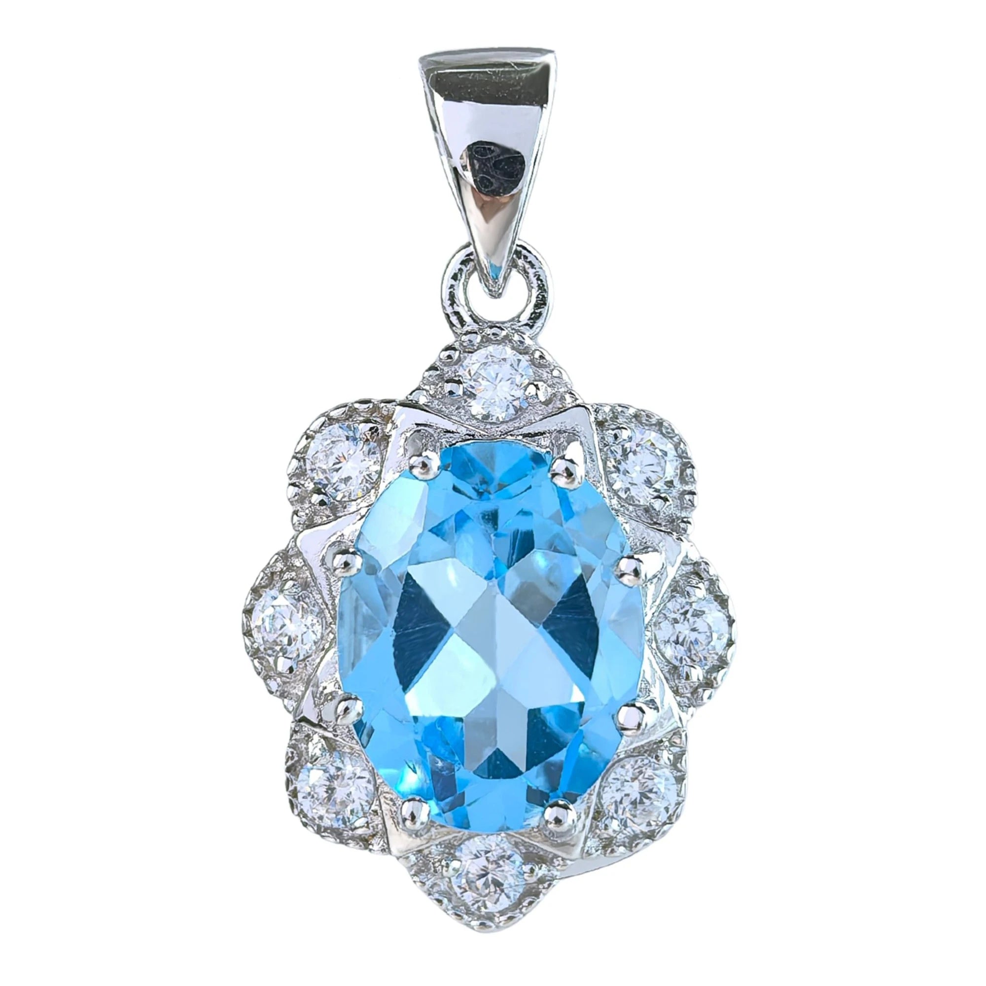 Sparkling Rhodium Plated Silver 925 Jewelry Natural Swiss Blue Topaz Flower Pendant for Women Birthday Gift