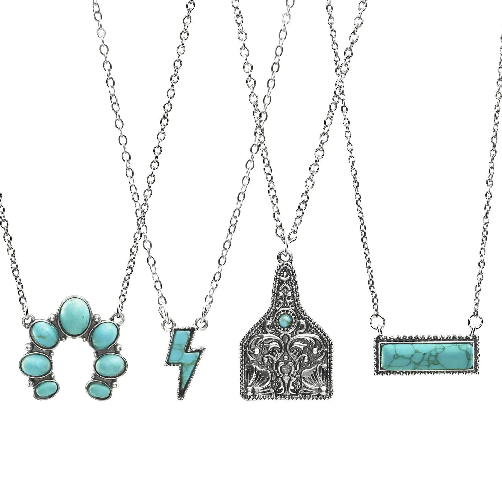 Wofish Western Jewelry Antique Silver Bolt Turquoise bar Horseshoe Pendant Necklace Sets of 4
