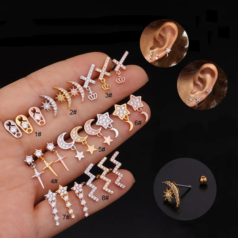 New Arrival Luxury Stainless Steel Rhodium Plated Cross Wave Moon Star Shape Crystal Gem CZ Ear Tragus Daith Helix Rook Snug