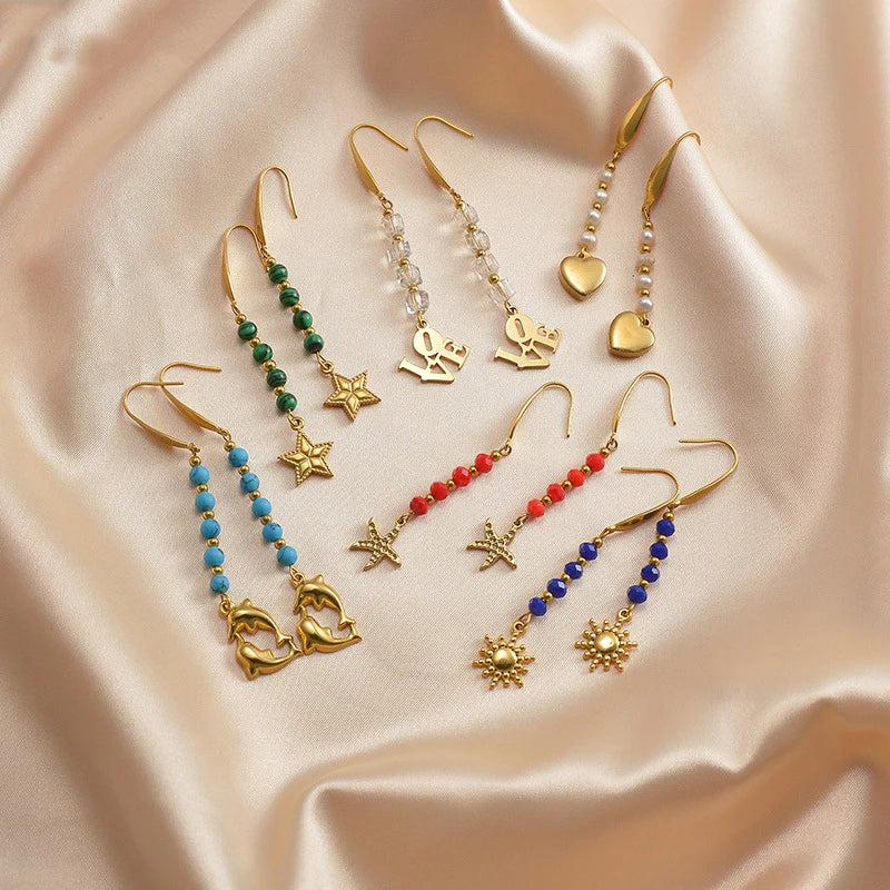 Fashion Jewelry Stainless Steel Gold Plated Earrings Star LOVE Pendant Beaded Long Tassel Earrings