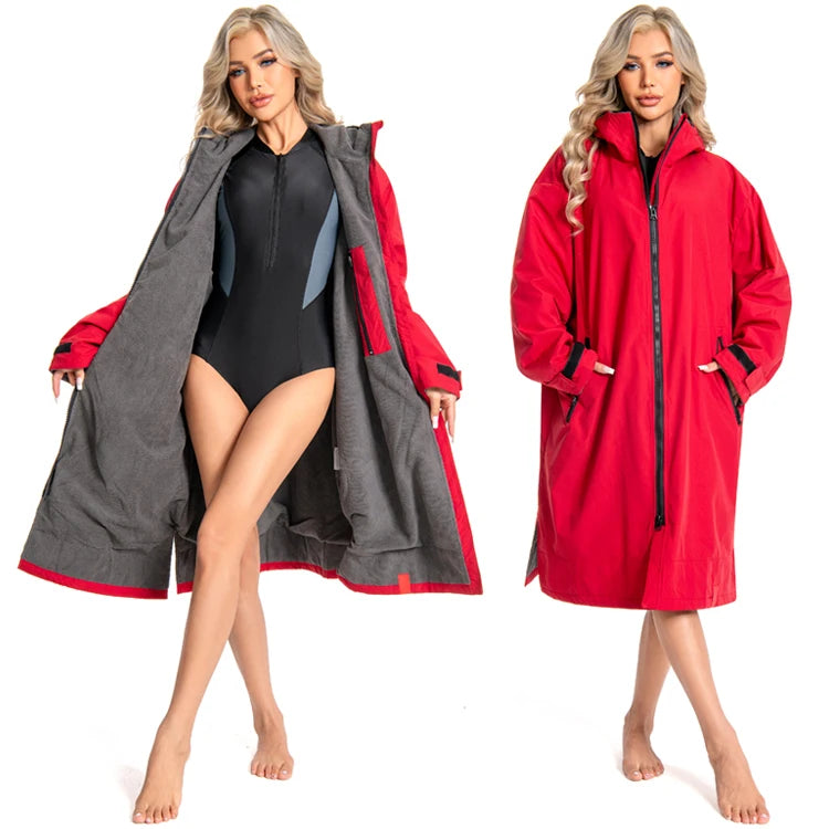 Custom Sublimation Warm Waterproof Swim Parka Men Kids Oversized Hooded Changing Robe Sherpa Liner Swimming Coat Dry Surf Poncho
