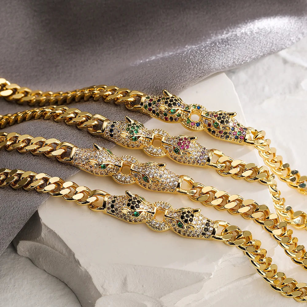 European and American Fashion Hip Hop Punk Hand Ornaments Copper Plated Real Gold Zircon Leopard Women's Bracelet New