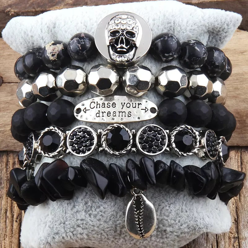 Open Cuff Bangle 5pc CZ Black Skull Button Bracelet Chip Stone Alloy Pearl Bangle Rhinestone Words Letter Stack Bracelet Set