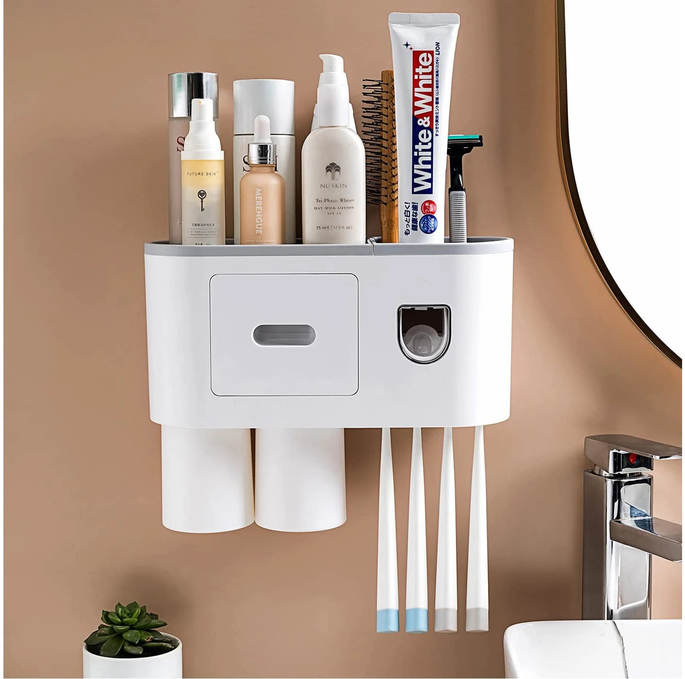 ABS Automatic Toothpaste Dispenser 2 Cup No Drill Wall Mounted Toothbrush Holder