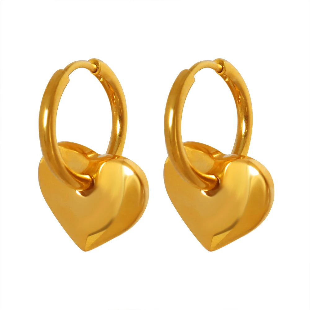 Romantic 18K Gold Plated Heart-Shaped Pendant Earrings Smooth Stainless Steel Trendy Fashion Jewelry for Women