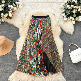 Luxury Vintage Women's Stylish A-Line Midi Skirt Vibrant All-Over Floral Print Pleated Chiffon Natural Breathable Ruffles Long