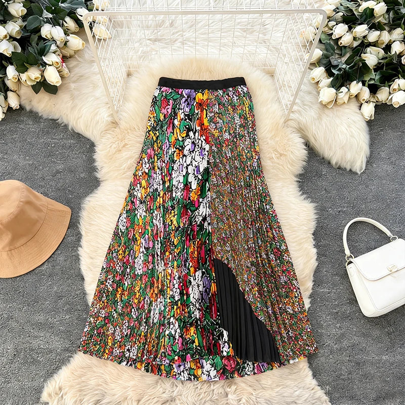 Luxury Vintage Women's Stylish A-Line Midi Skirt Vibrant All-Over Floral Print Pleated Chiffon Natural Breathable Ruffles Long