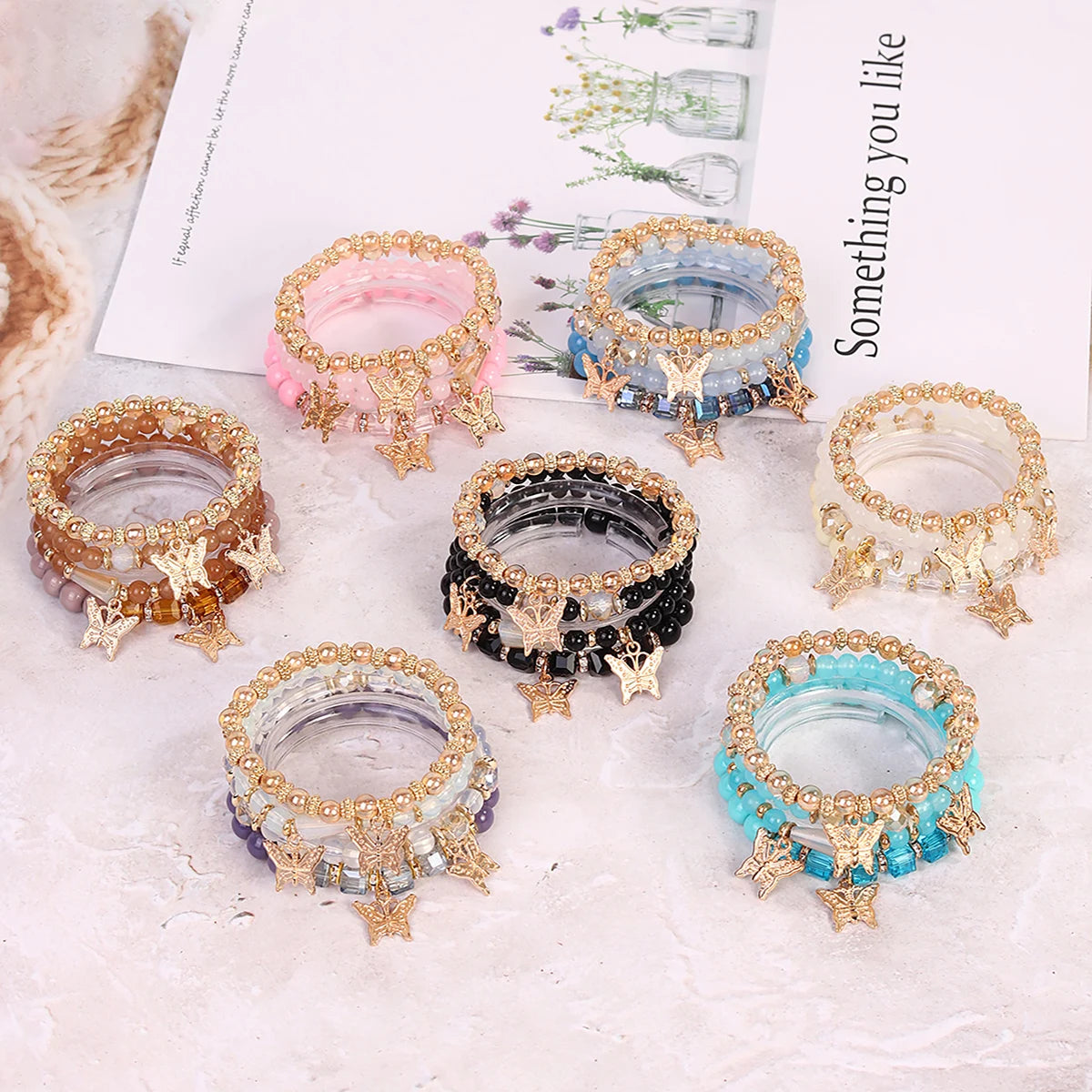 Popular Design Bohemian Crystal Fashion Jewelry Glass Beaded Stretch Bracelets Butterfly for Lover
