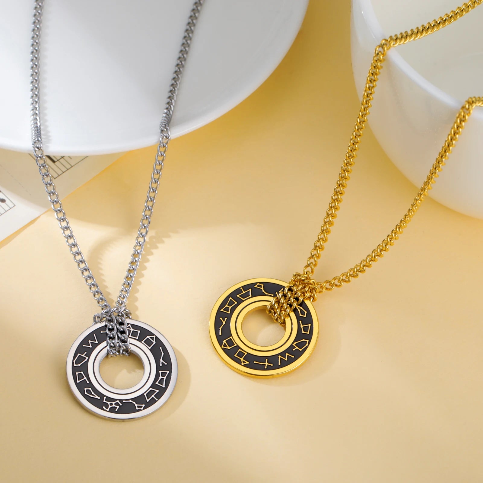 Amulet Astrology Circle Charm Necklace Stainless Steel Astrology Pendant Necklace Gold Plated Jewelry Amulet for Men Women