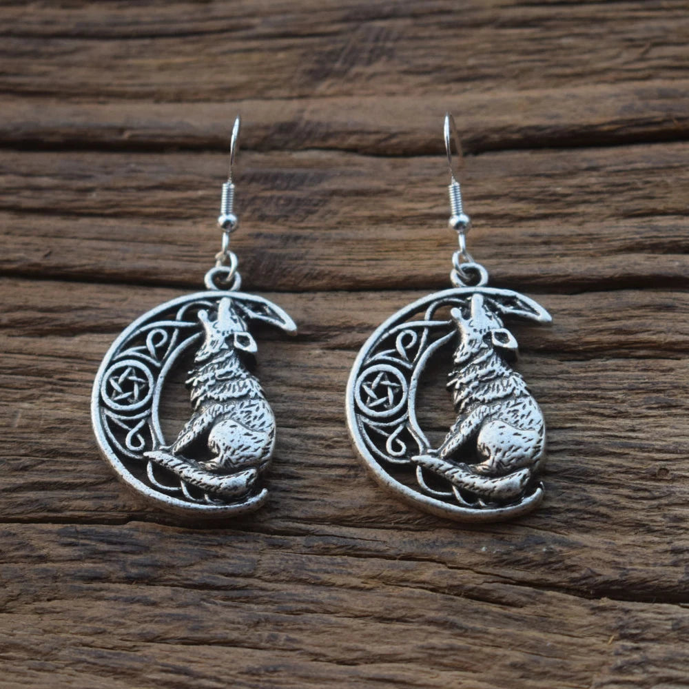 Norse Viking Celtics Crescent Howling Wolf and Moon Earring Wiccan Gifts Goth Jewelry