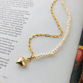 Gold Plated 925S Sterling Silver  Paperclip Chain Necklace Freshwater Pearl Heart  Pendant Choker Silver Necklace Chain Jewelry