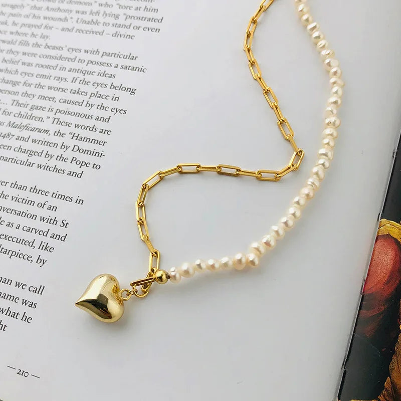 Gold Plated 925S Sterling Silver  Paperclip Chain Necklace Freshwater Pearl Heart  Pendant Choker Silver Necklace Chain Jewelry