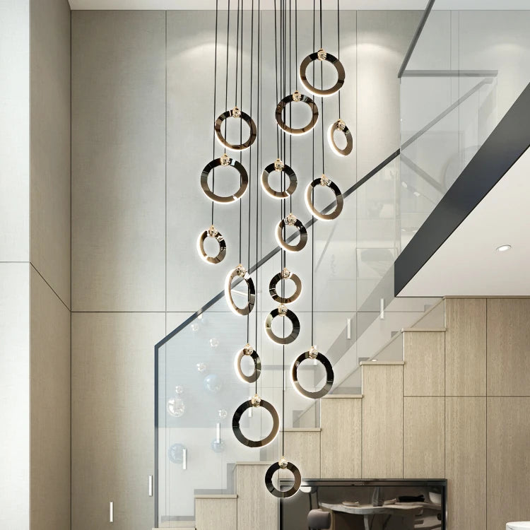 LangJu Modern Circle Ring Long Stair Pendant Lighting Dining Room Stairwell Aluminum Black Simple Chandelier