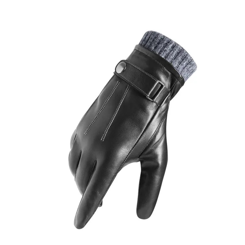 Black Leather Sheepskin  Screen Touch Warm Men Winter Gloves