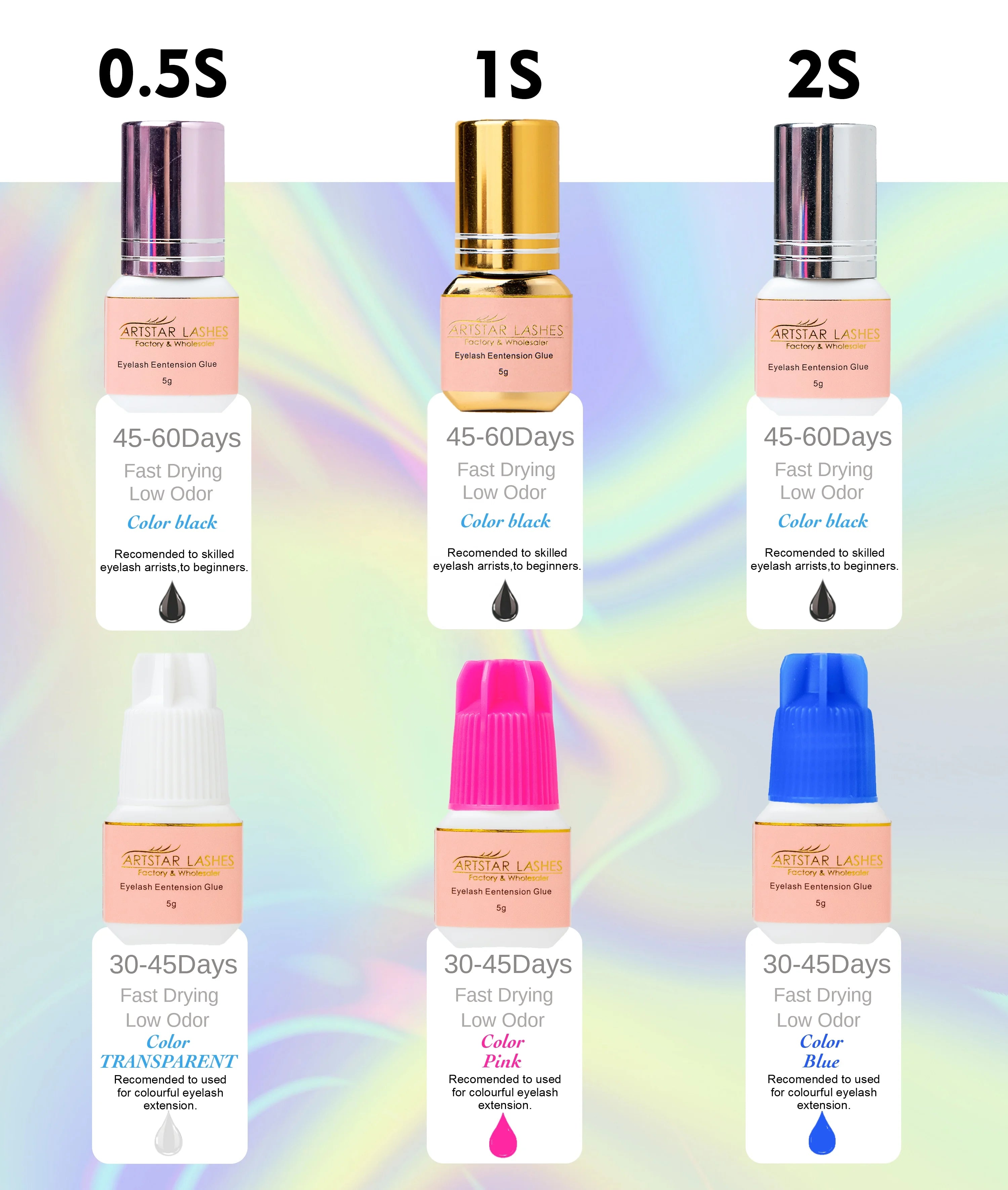 Wholesale Eyelash Glue Waterproof and Oilproof Fast Dry Clear /Pink /Blue Color Lash Extension Adhesive