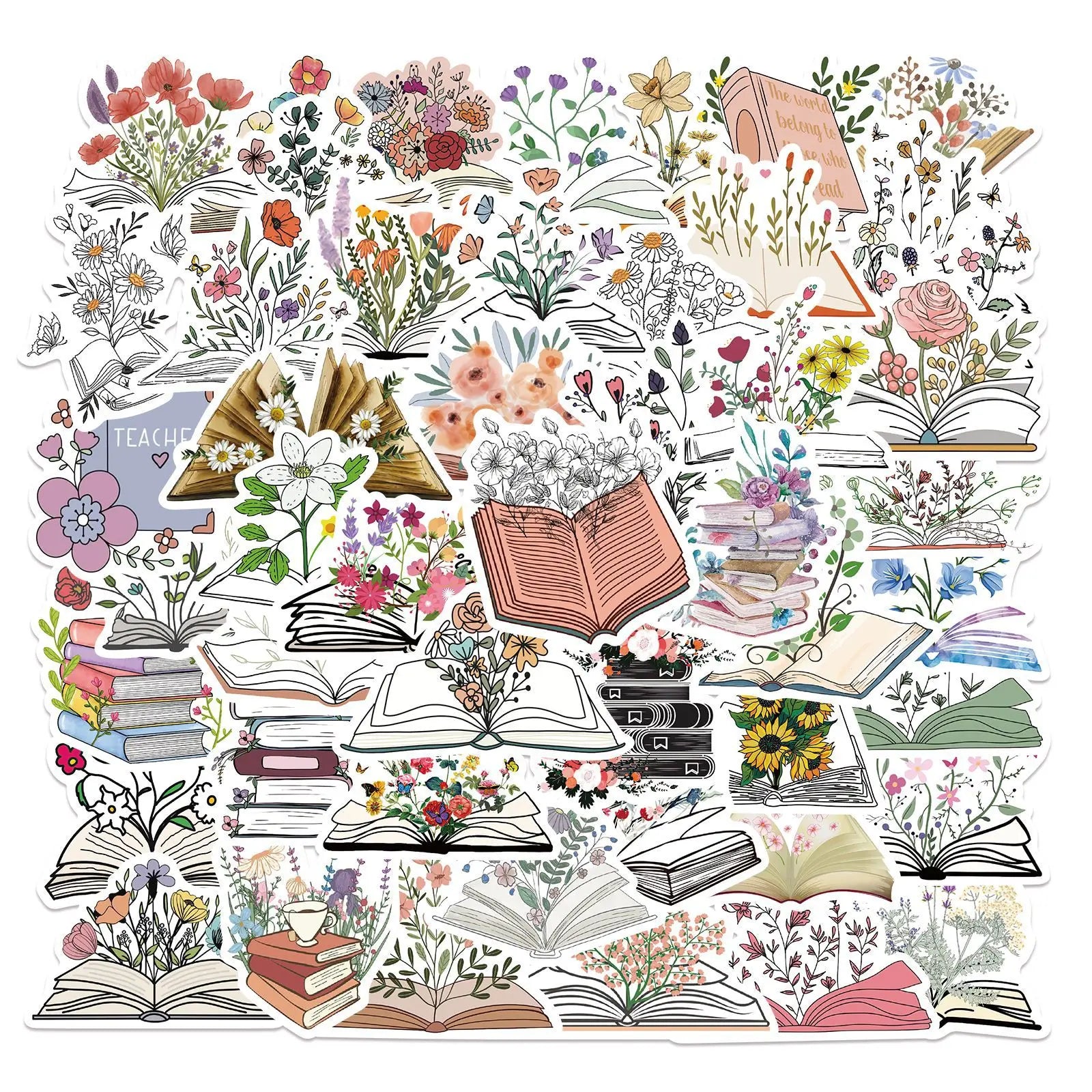 50Pcs Cartoon VSCO Book Flowers Decorative Stickers for Notebook Wall Student Waterproof PVC Floral Sticker