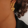18k Gold Plated Waterproof Stainless Steel Textured Hammered Double Heart Statement Drop Earrings for Women