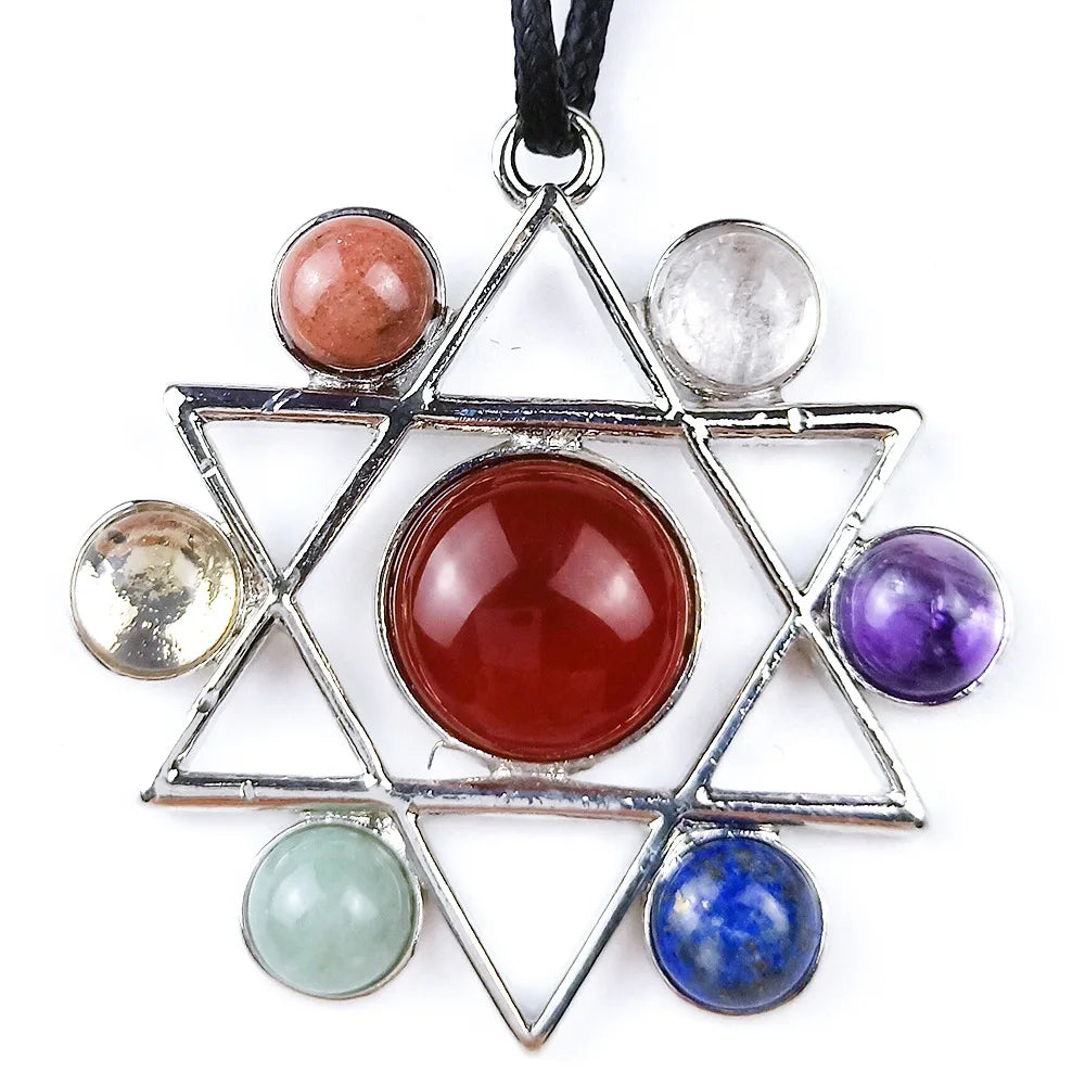 DIY 7 Chakra Gemstone 925 Sterling Silver Six-pointed Star Pendant
