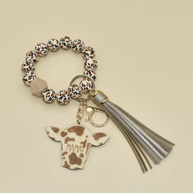 Leopard Pattern Wooden Beads With Engraved MAMA Cow Heads Wristlet Keychain Gifts Mom