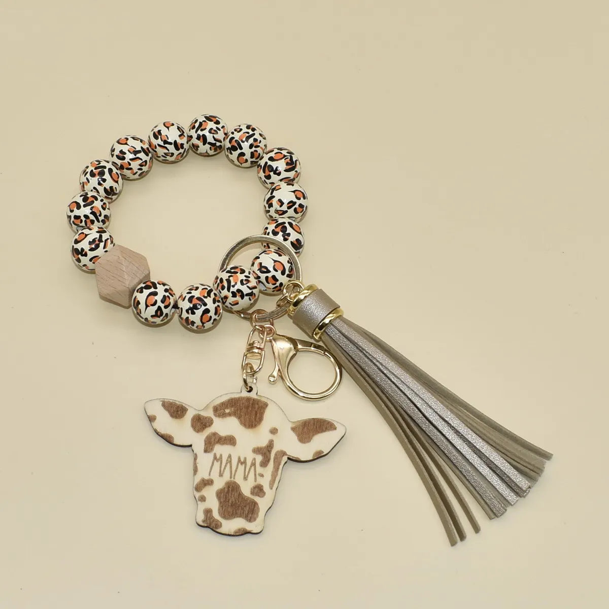 Leopard Pattern Wooden Beads With Engraved MAMA Cow Heads Wristlet Keychain Gifts Mom