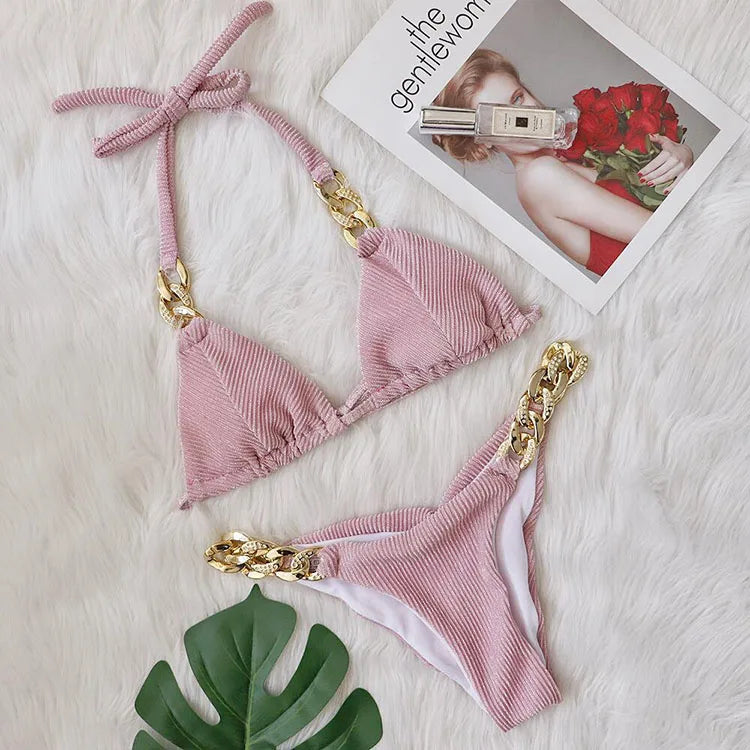 Solid Color Bikini Beachwear Rib Fabric Chain Bikini Metallic Swimwear 2024