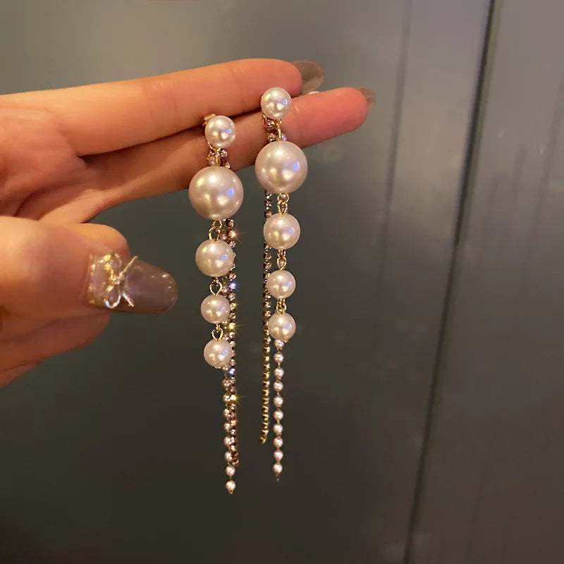 Long Dangle Earrings for Women 2023 Fashion Full Crystal Simulated Pearl Tassel Drop Earring Vintage Gold Color Brincos Jewelry