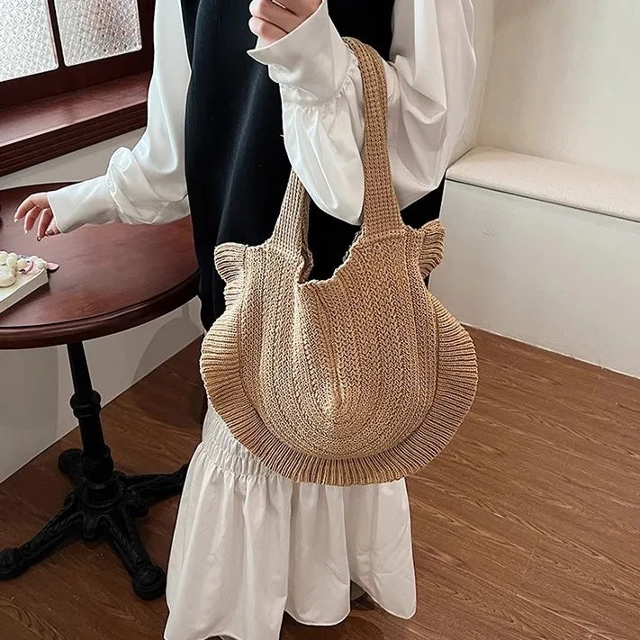Women's Tote Bag Cute Dumpling Shape Korean Style Hobo Bag Knitted Crochet Shoulder Commute Bag for Summer and Spring