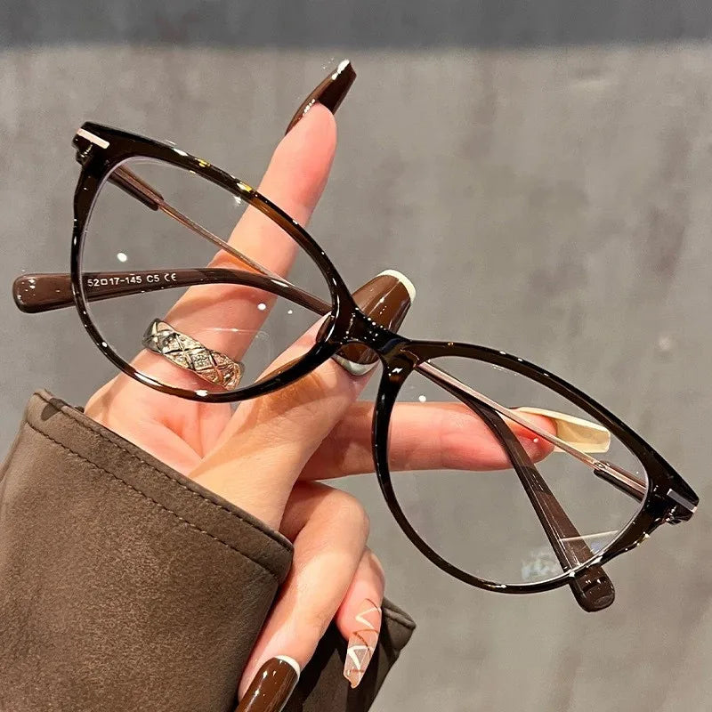 Fashion Color Triangle Cat Eye Flat Mirror Glasses Metal Frames Oversized Blue Light Blocking Myopia Reading Eyeglasses