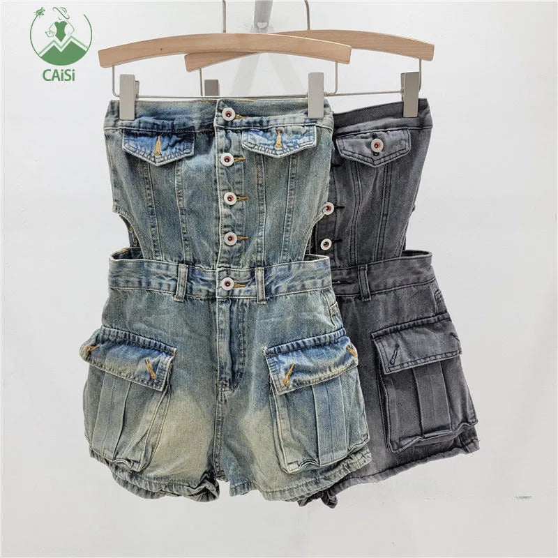 2025 Women Strapless Denim Romper Casual Outfits Hollow Out Washed 3D Cargo Pockets Fashion Short Jumpsuit