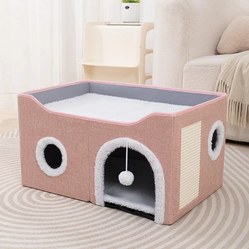 Foldable Cat Condo Cat House Bed with Scratch Pad and Fluffy Ball