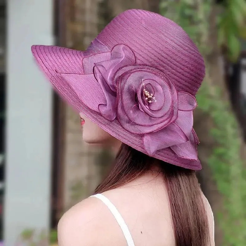 Fashion Woman Summer Organza Hats Flower Fisherman Hat Wide Brim Sun Beach Cap Church Hats Foldable