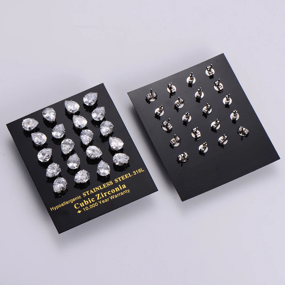 Fashion Gold-Plated Stainless Steel Earrings for Women Diamond Waterdrop Shape Cubic Zircon Stud Set for Parties and Weddings