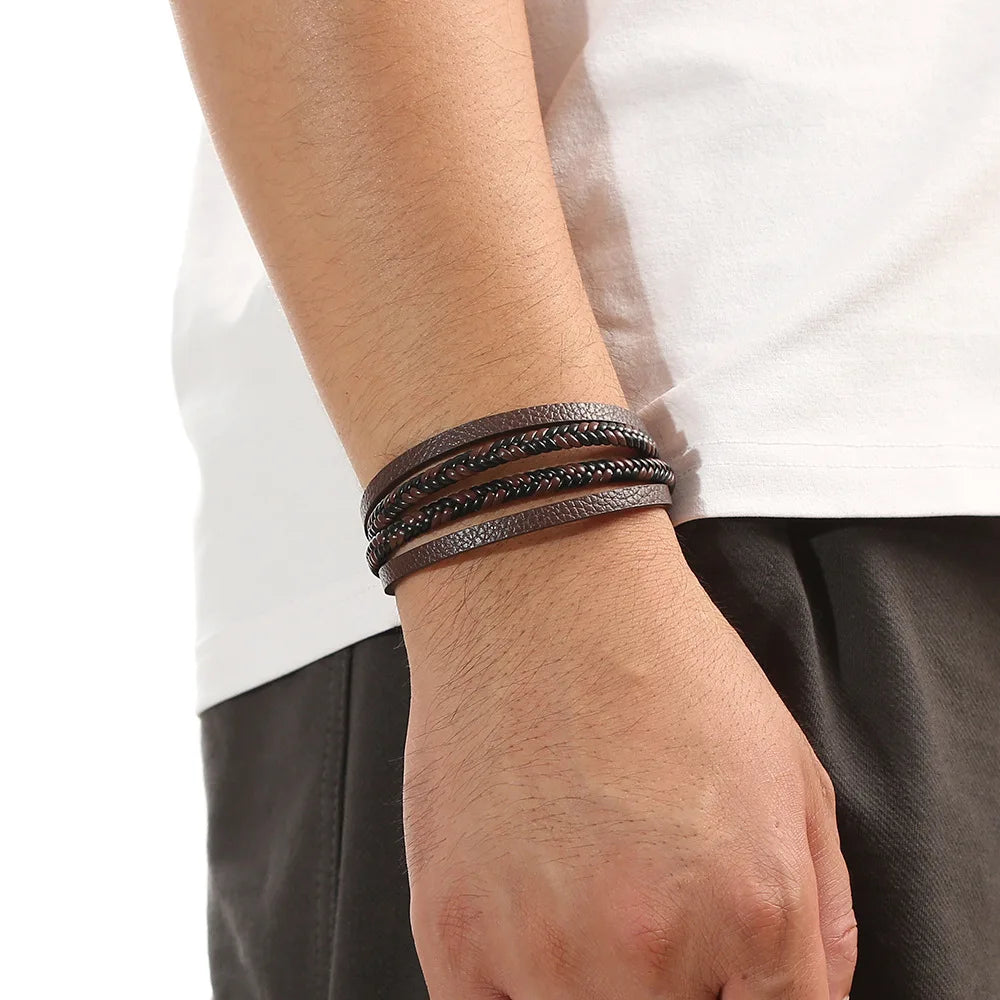 Cheap Price Multi Layer Zinc Alloy Magnetic Clasp Black Leather Bracelet