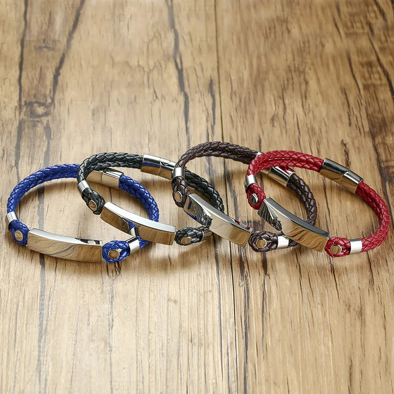 Bracelet Stainless Steel Leather Bracelet Trendy Men's Simple Fashion Wristband Blank Curved Brand Leather Bracelet Engraved