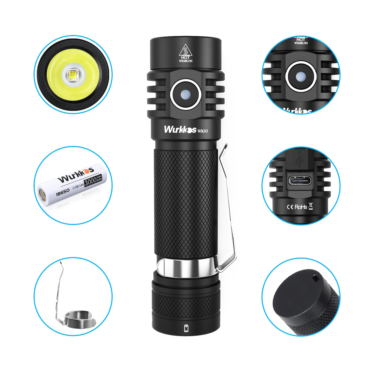 Super Bright WK03 SST40 1800lm Tactical Outdoor EDC Torch Waterproof IP68 Lantern 18650 Rechargeable LED Flashlight