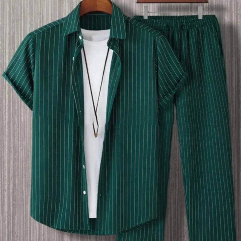 Wholesale New Men's Short Sleeved Cardigan Lapel Shirt Long Pants Set Men's Fashionable Striped Style