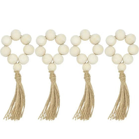 Farmhouse Beaded Housewarming Gift Table Setting Wedding Party Decor Accessories Napkin Holder Wood Napkin Rings with Tassels